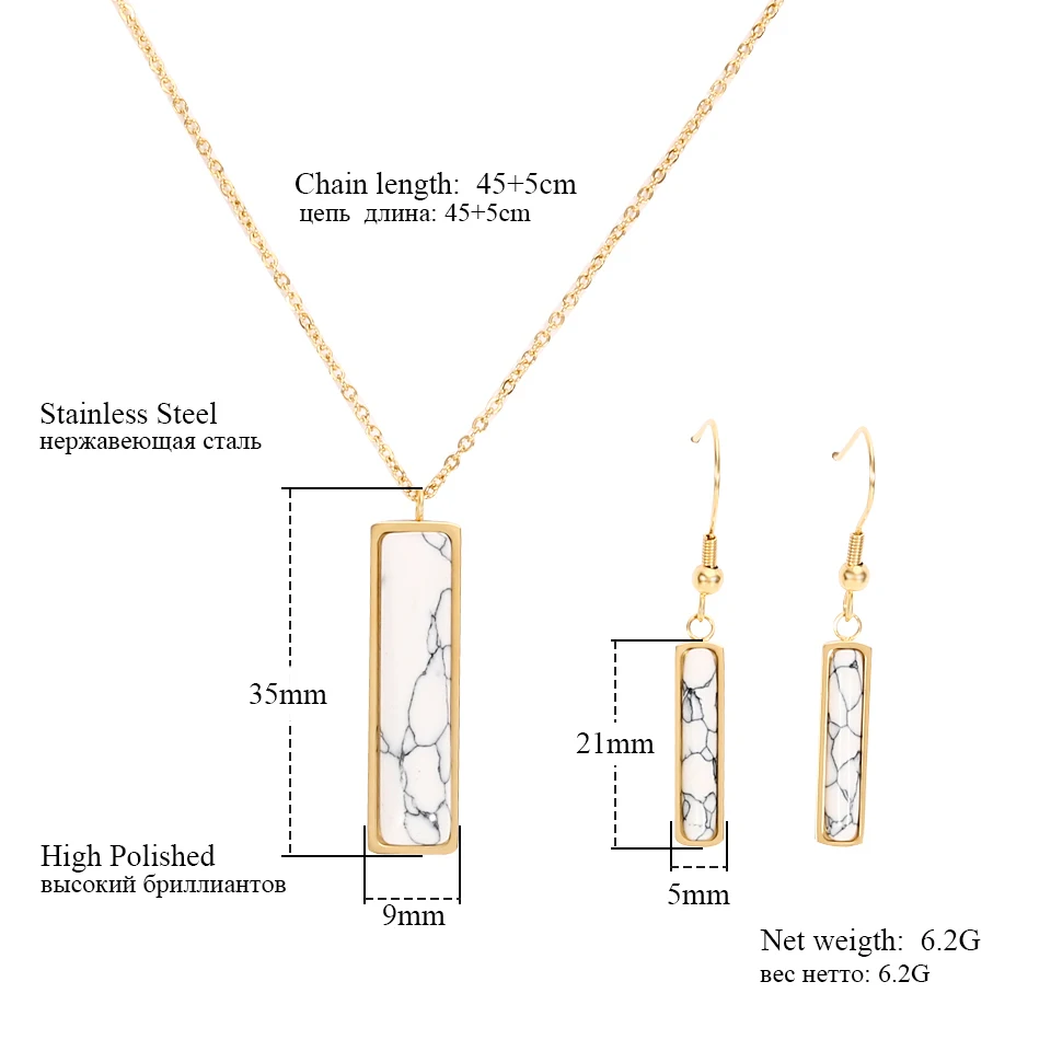 RIR модный квадратный комплект ювелирных изделий ожерелье кулон из нержавеющей стали геометрический белый мрамор искусственные каменные подвески, ожерелья для женщин