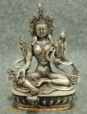 

Tibet Silver Buddhism Lotus Green Tara Buddha Kwan-yin GuanYin Goddess Statue copper tools wedding Decoration white Copper
