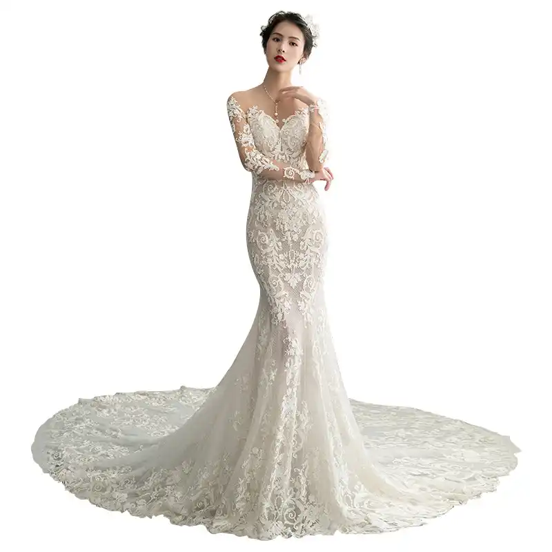 White Sexy Lace Long Sleeve Wedding Dress 2019 New Slim Mermaid