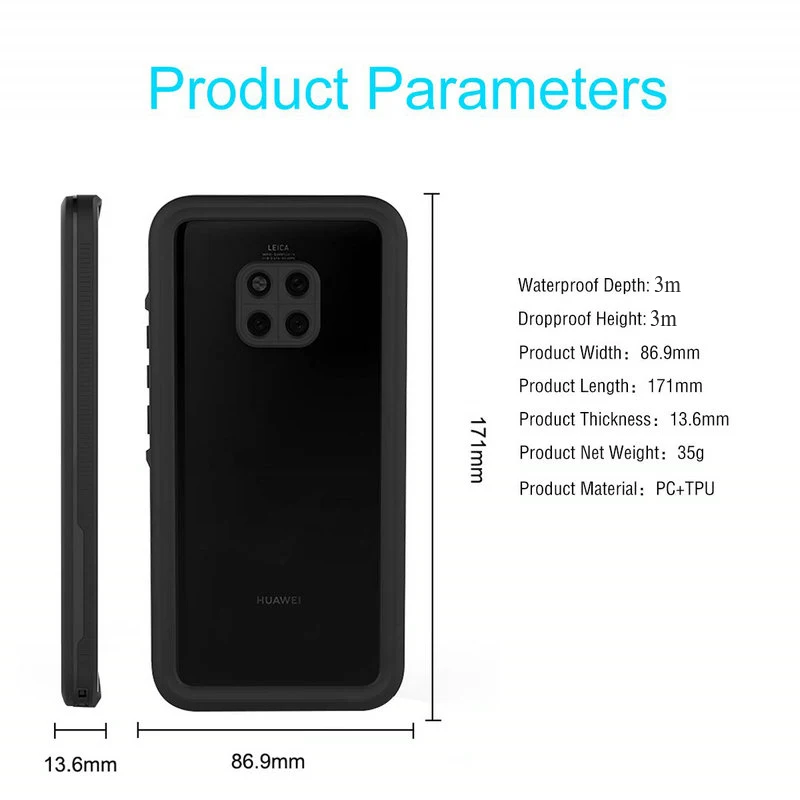 IP68 للماء حالة هواوي زميله 20 الموالية حالة فوندا هواوي Mate20 الموالية المياه واقية غطاء 360 حماية واضحة ل زميله 20Pro حالة
