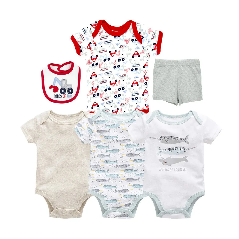 

2019 Summer Set Hot sell Newborn Baby Boys Clothes Cartoon Short Sleeve Romper +Shorts+Bibs 6Pcs Outfits Baby Clothing Set 0-12M