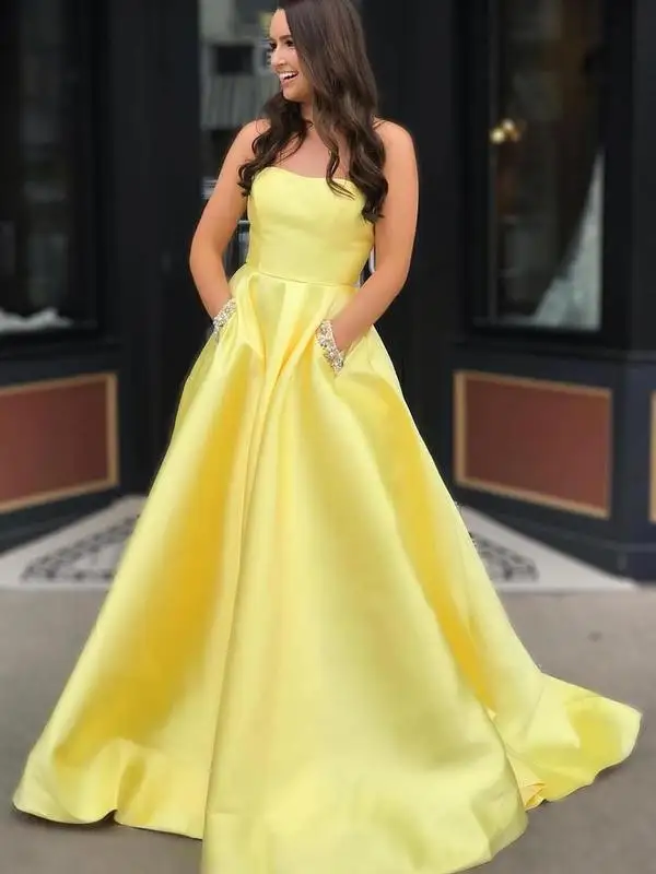 Satin Evening Dresses Long 2019 A-Line Vestido De Festa Strapless Party Formal Prom Pageant Ball Gowns Lace Up Corset