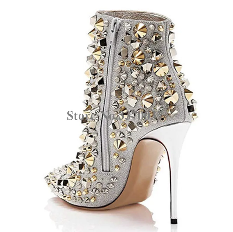 Botines Oro Plata Tacón Remache Fino Alto Sexy Botas Mujeres Punta Las Pico Estilo Con Corto Encantador q6nXw1w4U