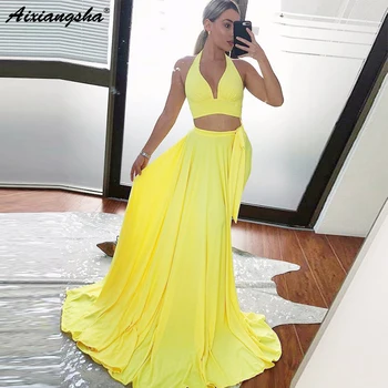 

New Listed 2019 Sexy Two Piece V-Neck Halter Formal Evening Party Gowns with Split Yellow Satin Long Prom Dresses