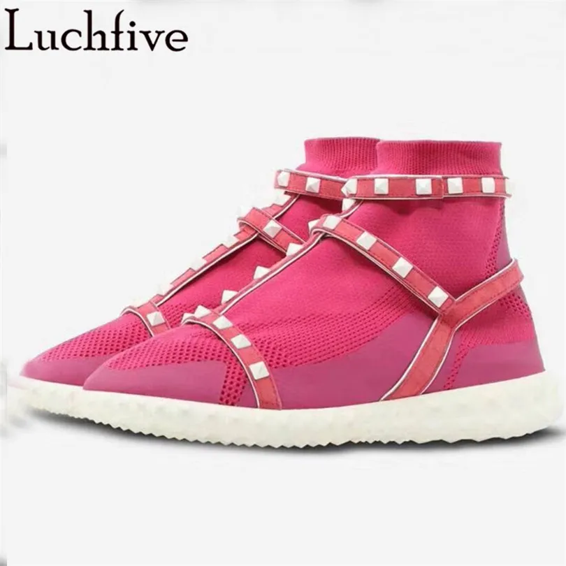 

2018 Casual Knitted Elastic Ankle Boots for women white rivets studded platform Flat heels sneakers Socks Shoes Female Booties