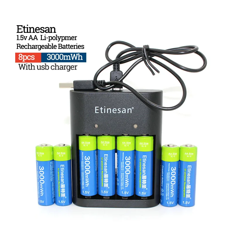 Etinesan 1 5 v 3000mWh литий полимерный ионный аккумулятор AA батареи + 4 слота зарядное