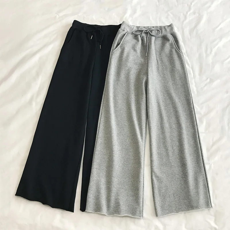 

2019 Autumn Women Running wide Leg Pants Elastic Waist Solid Drawstring Casual Straight Trousers Full Length