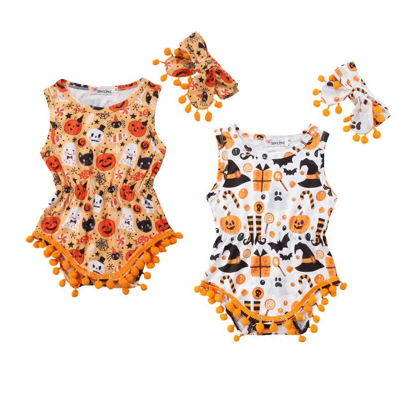 

Halloween Newborn Infant Baby Boy Girl Kids Sleeveless Tassel Ball Jumpsuit Cotton Bodysuit Clothes Outfit