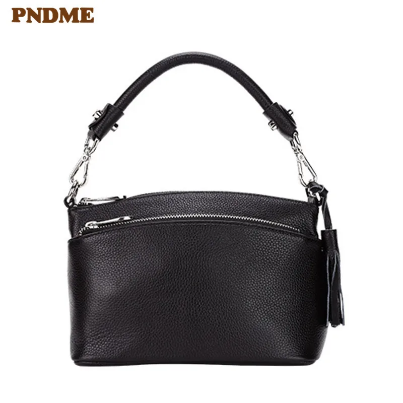 

PNDME fashion simple soft genuine leather ladies handbag outdoor casual daily designer women's black shoulder messenger bags