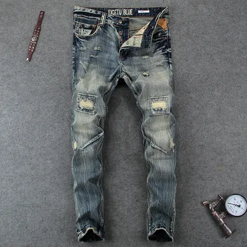 

Vintage Designer Men Jeans High Quality Retro Washed Patchwork Ripped Jeans homme Streetwear Slim Fit Hip Hop Jeans Men