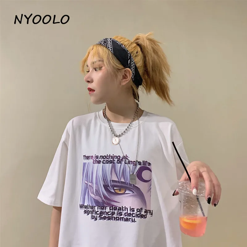 

NYOOLO Harajuku style cartoon anime eye letters print tee shirt Summer short sleeve O-neck T-shirt women/men clothing tops tee