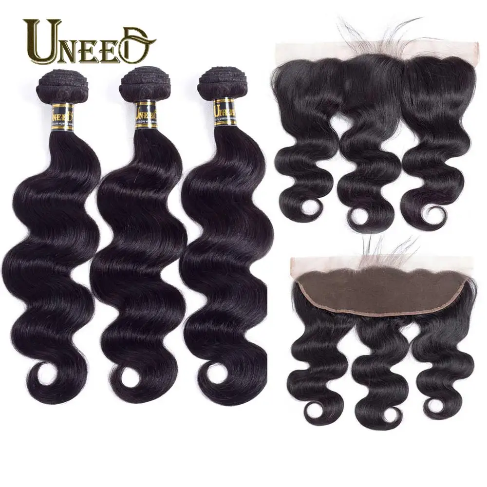 

Uneed Hair Peruvian Body Wave Weave With Frontal Closure Human Hair 3Bundles With Lace Frontal 13*4 Free/Middle Part Ear To Ear
