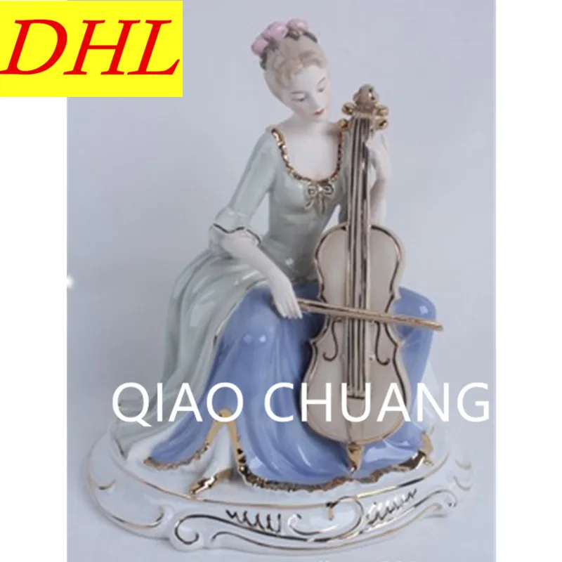

European Style Cello Western Women Statue Ceramics Purely Manual Art Craft Living Room Furnishing Articles G1241