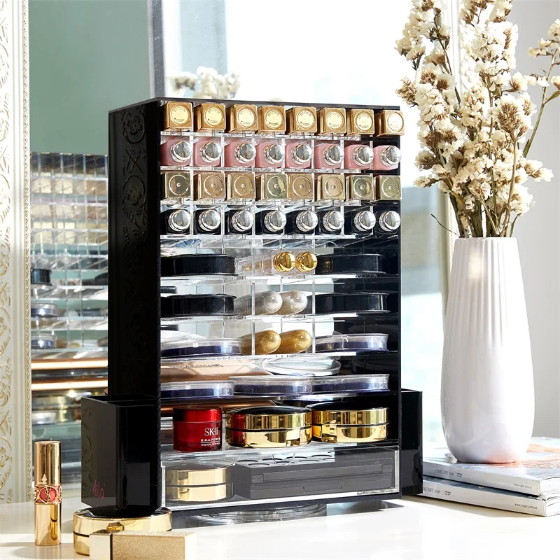  Acrylic Multifunction Makeup Organizer 360 Rotating Cosmetic Storage Boxes with Drawer Clear Black