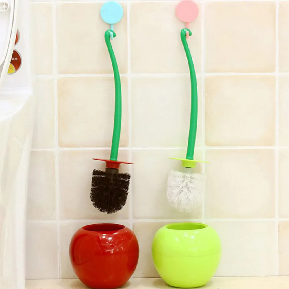 Creative Lovely Cherry Shape Lavatory Brush Toilet Brush & Holder Set Cleaning Tool Plastic Bathroom Decor Accessories Red 3.13
