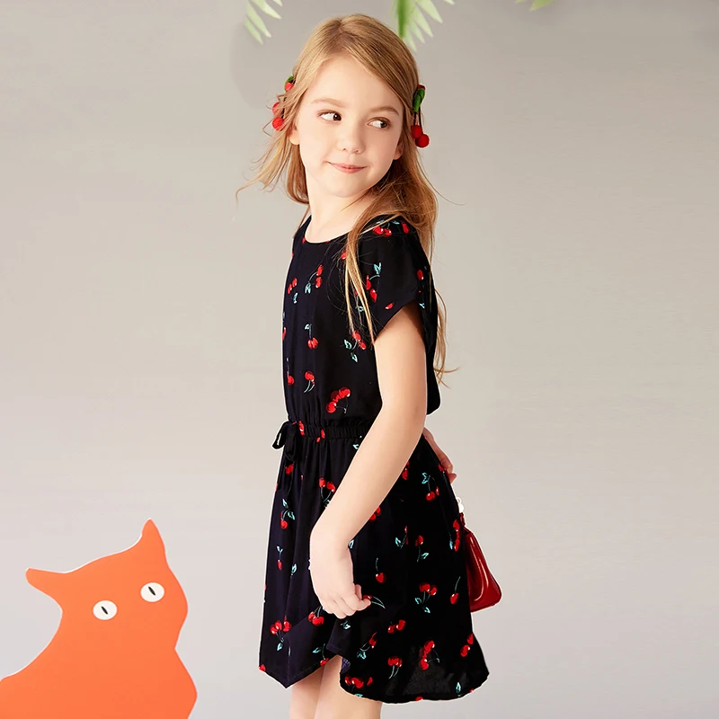 

Girl's broken flower dress summer dress children's short sleeves children's cotton dress dark blue