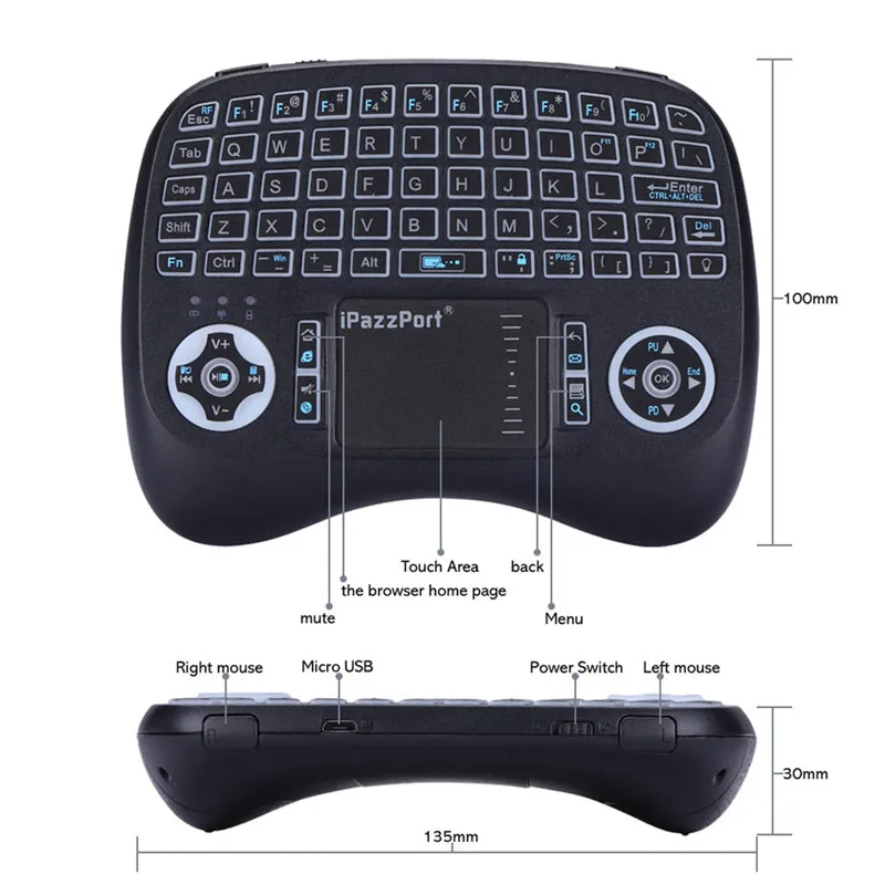Беспроводная мини-клавиатура с подсветкой и подсветкой, английская, русская, испанская, 2,4 ГГц, клавиатура, Воздушная мышь с батареей, сенсорная панель для Android box