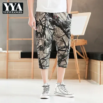 

2019 Summer Camouflage Printed Mens Calf Length Pants Drawstring Waist Loose Pockets Male Plus Size Fashion Casual Sprots Pants