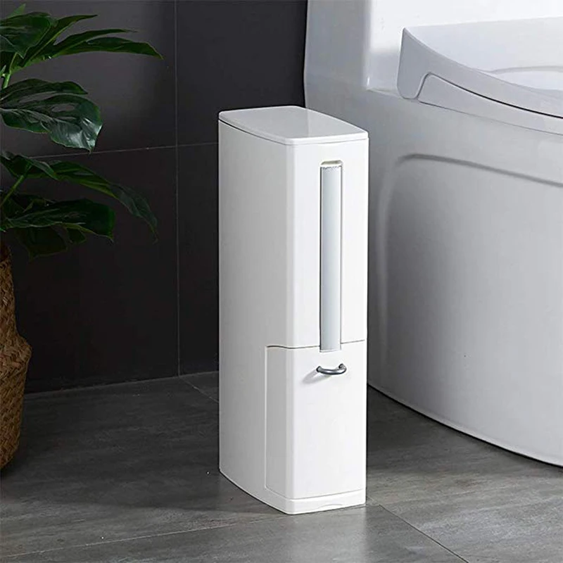 

One-Piece Trash Can Toilet Brush Integrated Storage Holder Box Small Garbage Bin with Swing Lid Toilet Brush Storage Desktop Box