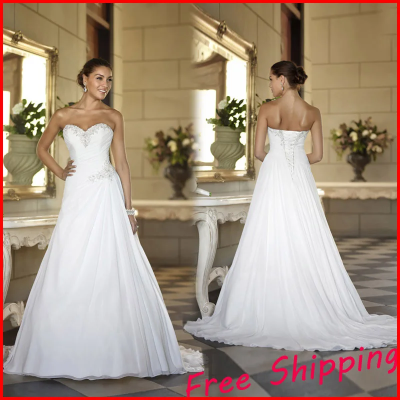 

Free shipping Stock Cheap Chiffon Beach China ball gown Elegant Backless Bridal Dress Plus Size 2015 a line Wedding Dresses 2016