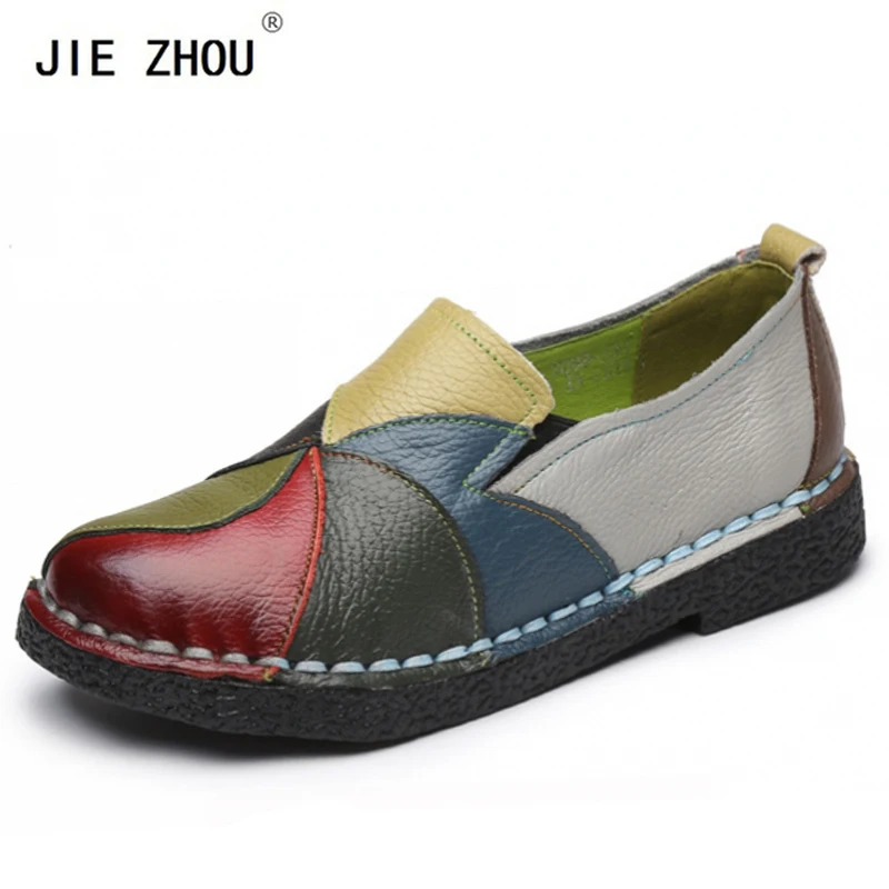 

2018 Fashion Flat Shoes Woman Loafers Ethnic Style Handmade Genuine leather Women's Shoes & Flats Mixed Color Casual Shoes
