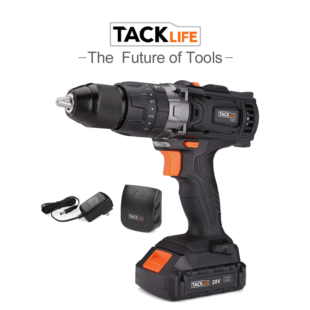 

TACKLIFE PCD04C 20V Cordless Drill Driver Set with Hammer Function 2-Speed Max Torque 310 In-lbs with LED Lithium-Ion Battery