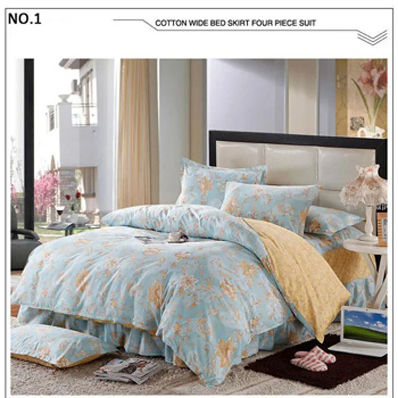 Green Chic Floral Print Bedding Sets Of Quilt Cover&Bed Skirt&Pillow Cover Home Textile Bedroom Set Bed Spread Queen/Full Size