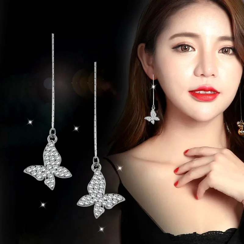 

SINLEERY Charm Gold Silver Butterfly Long Line Drop Earrings For Women Dangle Tassel Earrings Es638 SSH