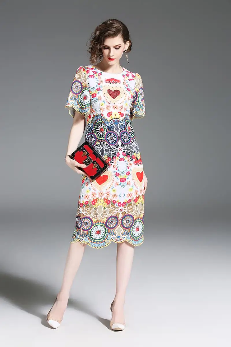 2018 Summer Runway Designer Women Luxury Crystal Diamonds Floral Print Retro Long Dress Vintage Bodycon Pencil Party Dresses