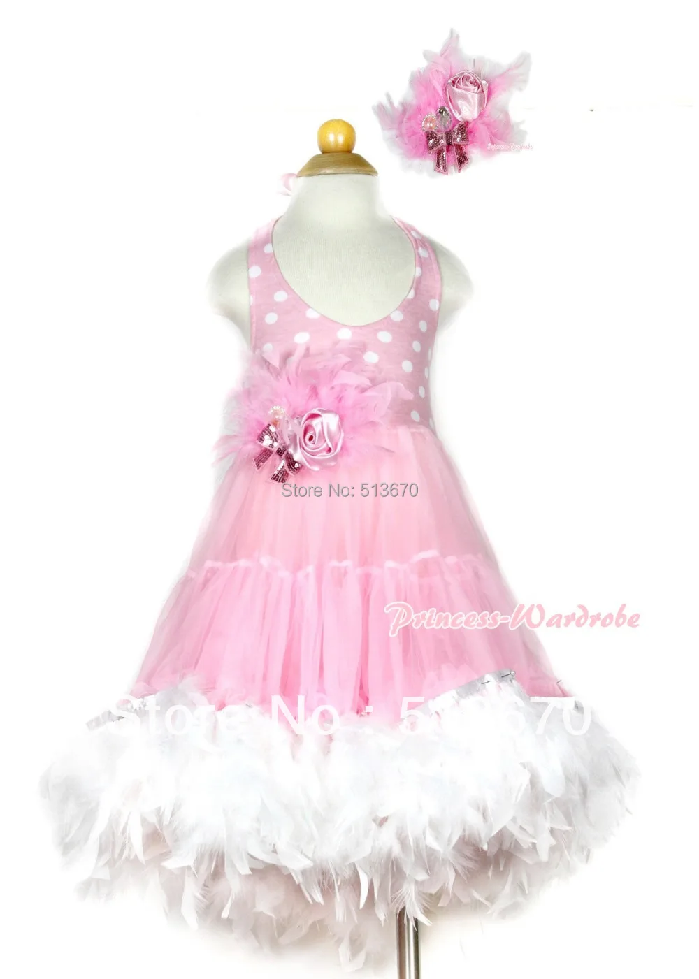 posh baby pink feather and bow children s headband light pink white polka dots one petti dress with posh baby pink feather and bow children s headband light pink white polka dots one petti dress with