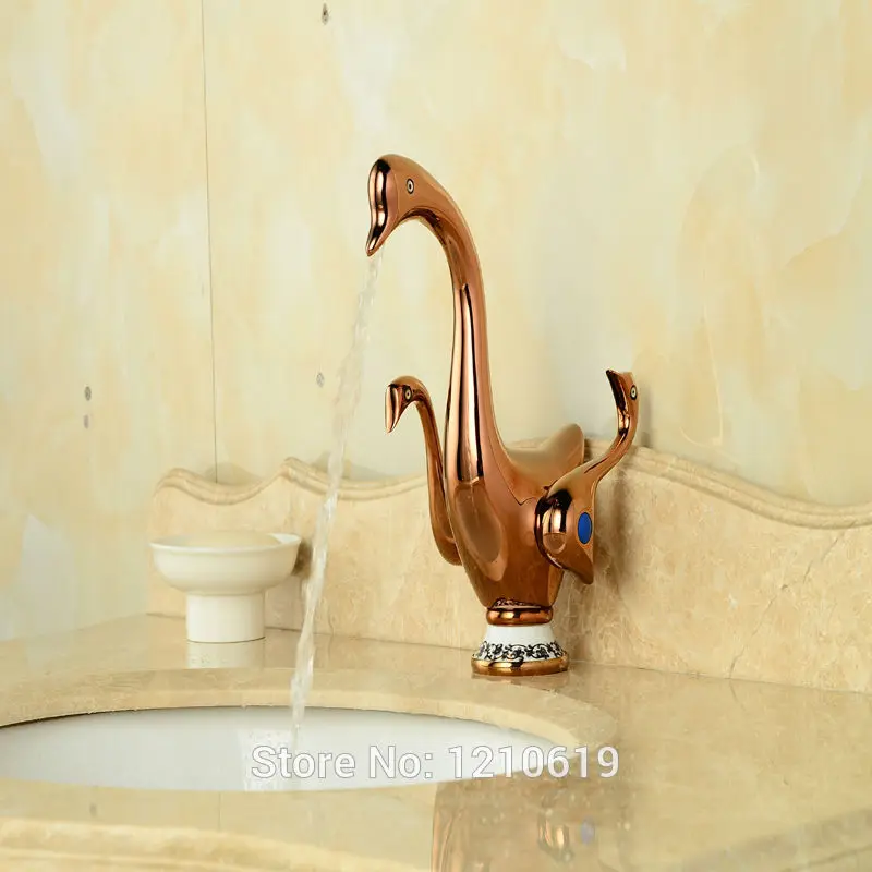 

Newly Rose Gold Plate Bathroom Basin Faucet Duck Style Sink Mixer Faucet Dual Handles Single Hole