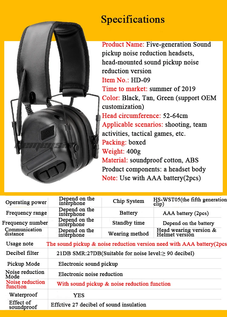 Tactical Headset Noise Reduction Earmuff Outdoor Shooting Hearing Protection Headset Sound Pickup Airsoft Hunting Headphone