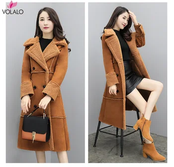 

Spring Winter Women Lambskin Coats Lady Thick Flocking Long Jackets Female Spring Autumn Double Breasted Warm Wool Outwears