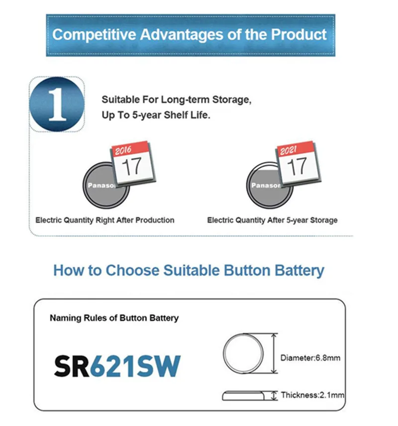 Panasonic 2 шт SR621SW оксид серебра для часов 6,8 мм* 2,1 мм AG1 364 164 D364 L621 GP364 кнопочные батарейки для монет