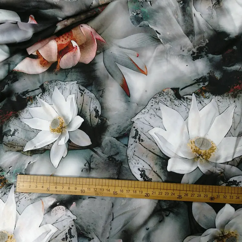 

Printed stretch silk charmeuse fabric lotus flower 140 cm wide 19 momme grey DIY sewing fashion apparel fabric sell by meter