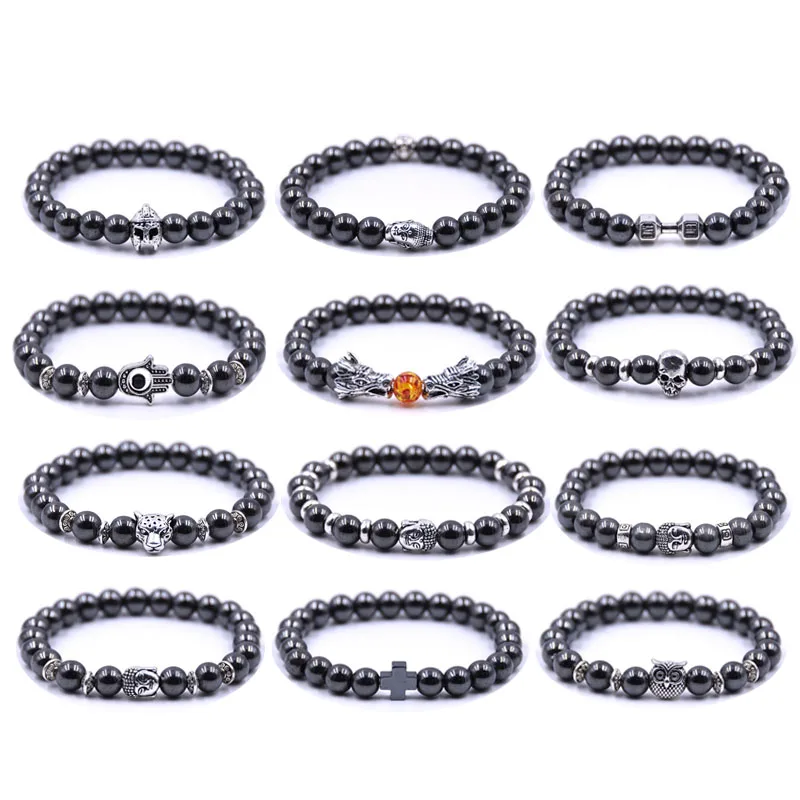 HYHONEY 8 мм бусины браслеты для женщин и мужчин черный бисером сова, Череп, кросс-аксессуары браслет pulseira masculina
