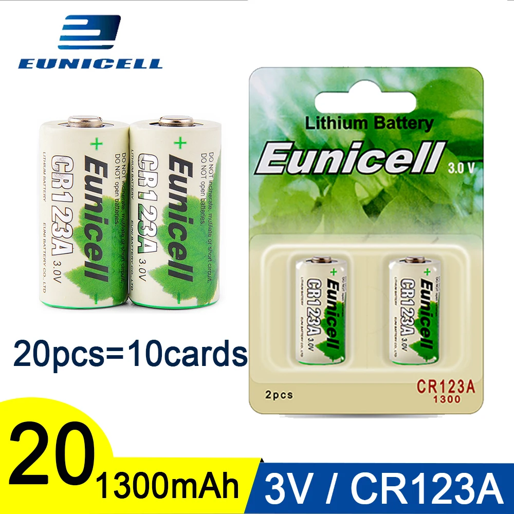 Светодиодный аккумулятор Eunicell 20 шт. 1300 мАч 2/3 А CR123A CR123 CR 123 CR17335 VL123A CR17345 16340 для