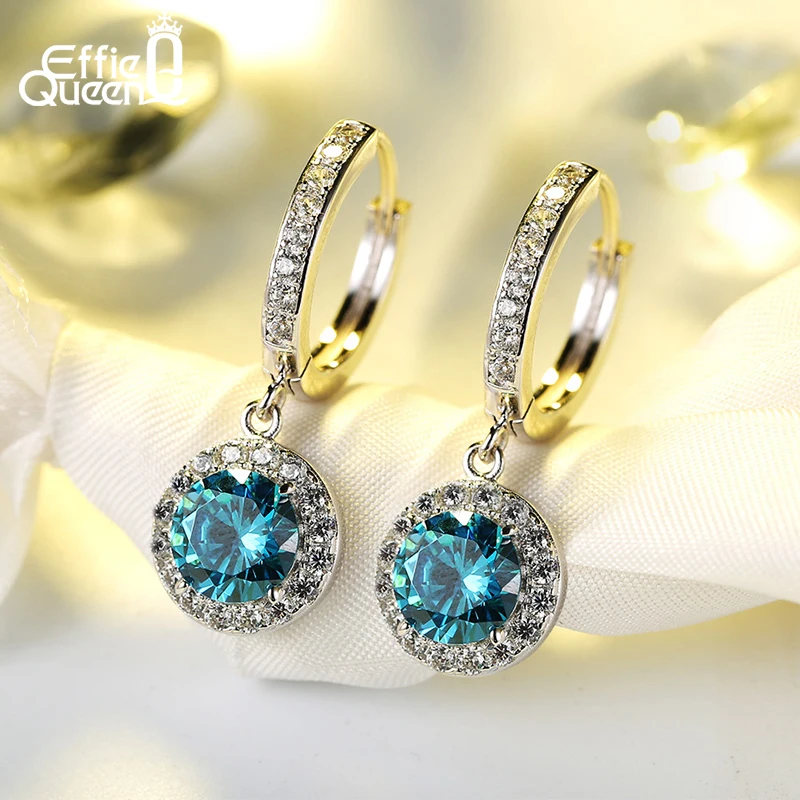 

Effie Queen Elegant Blue Cubic Zirconia Drop Earring Rose Gold Color White Gold Color Round Earring for Women Top Quality DE160