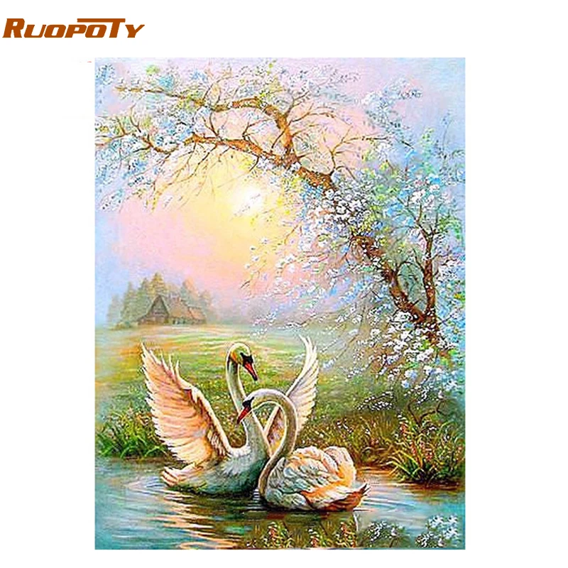 

RUOPOTY Frame Swan DIY Painting By Number Modern Calligraphy Painting Acrylic Coloring By Numbers For Home Decor 40x50cm Artwork
