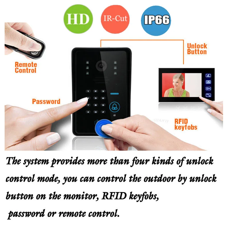 Бесплатная доставка! сенсорный ключ 7 "TFT RFID пароль телефон видео домофон Системы с ИК-1000 ТВ линии Система контроля доступа