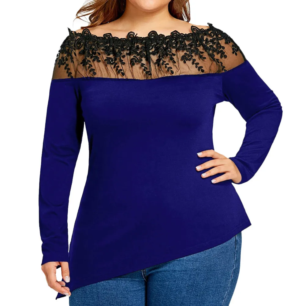 Большой размер Женская кружевная Лоскутная футболка-блузка с длинным рукавом Повседневная рубашка Топы Блузка пуловер Топы Кружевные блузы размера плюс - Цвет: Blue