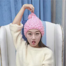 Осень-зима плюс бархатная холодная вязаная шапка женская Милая жемчужная Алмазная шерстяная шляпа