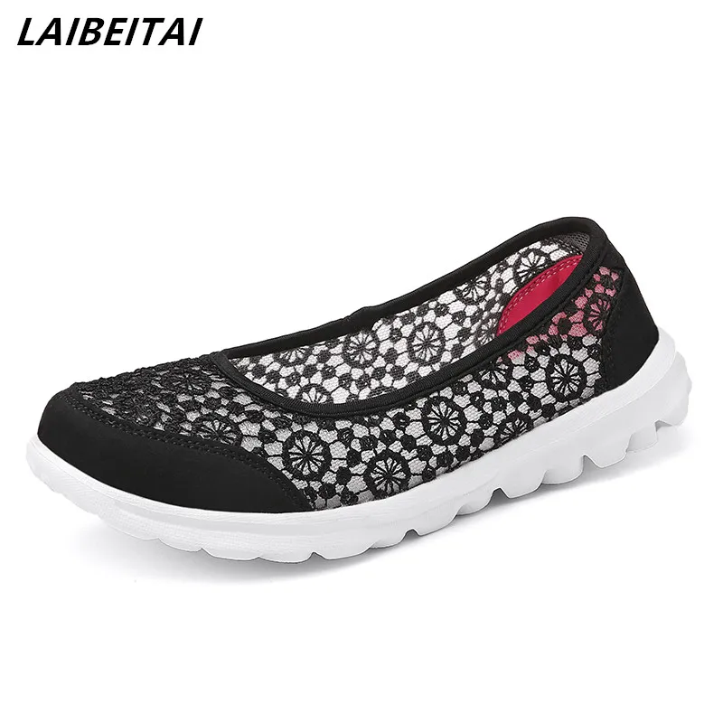 Summer  Woman  Zapatos Mujer Lace Breathable Lace light Weight Walking Shoes Loafer Sneaker Sport Shoes Adult Black Color 