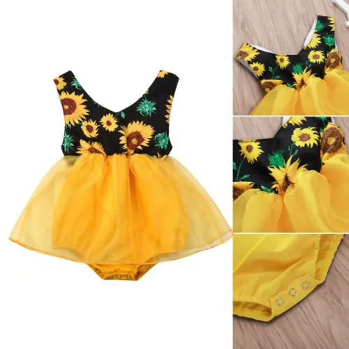 

2019 Summer Baby Girl Sleeveless Sunflower Romper Cute Lace Skirt Jumpsuit Infant Princess Party Dress