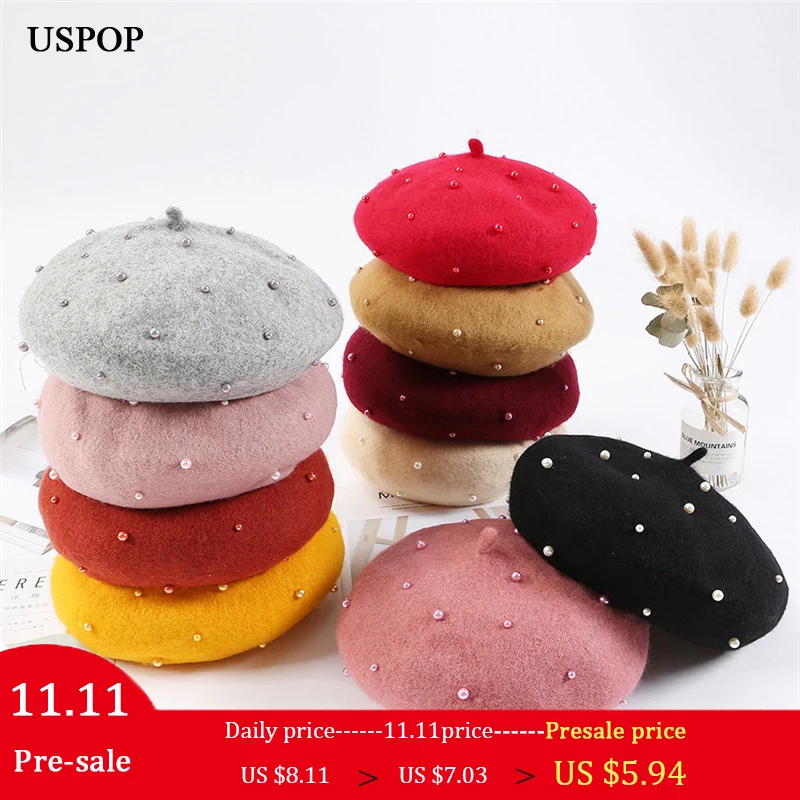 

USPOP 2018 Newest women wool berets female fashion solid color pearl berets casual winter thick warm hat