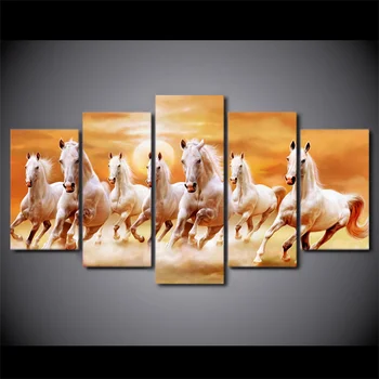 

5 Piece HD Printed Sunset White Horses Running Framed Wall Picture Art Poster Painting On Canvas For Living Room Decoration