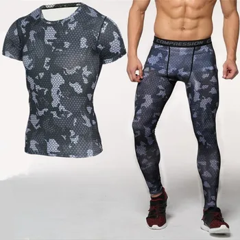 

2018 Compression Sport Suit Nylon Elastic 2 Pcs Brand Men's T-Shirt+Leggings Workout Gym Fitness Tracksuit Running Sets