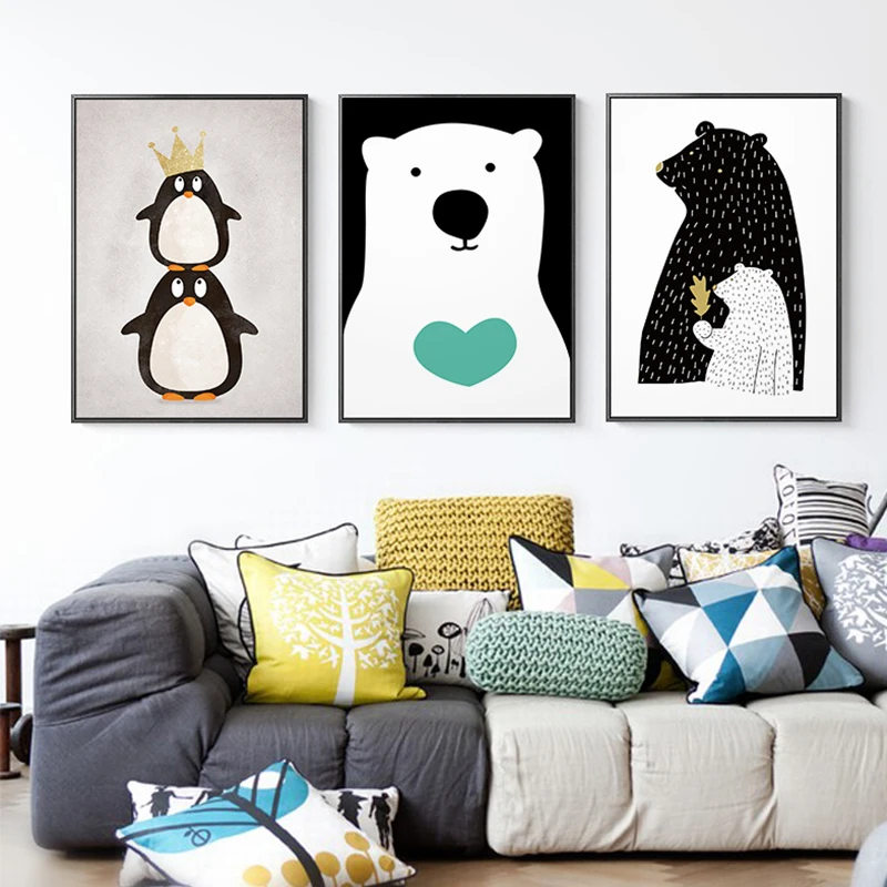 

Nordic Cartoon Poster Snowman Polar Bear Painting Canvas Art Wall Pictures For Living Room Unique Gift Home Decor Posters Prints
