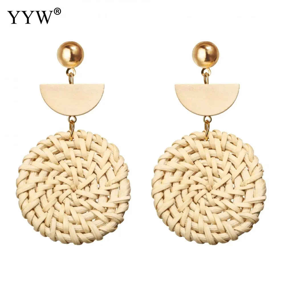 2019 Trendy Handmade Drop Earrings For Women Wooden Straw Weave Rattan Big Round Geometry Sector Wedding Dangle Jewelry | Украшения и