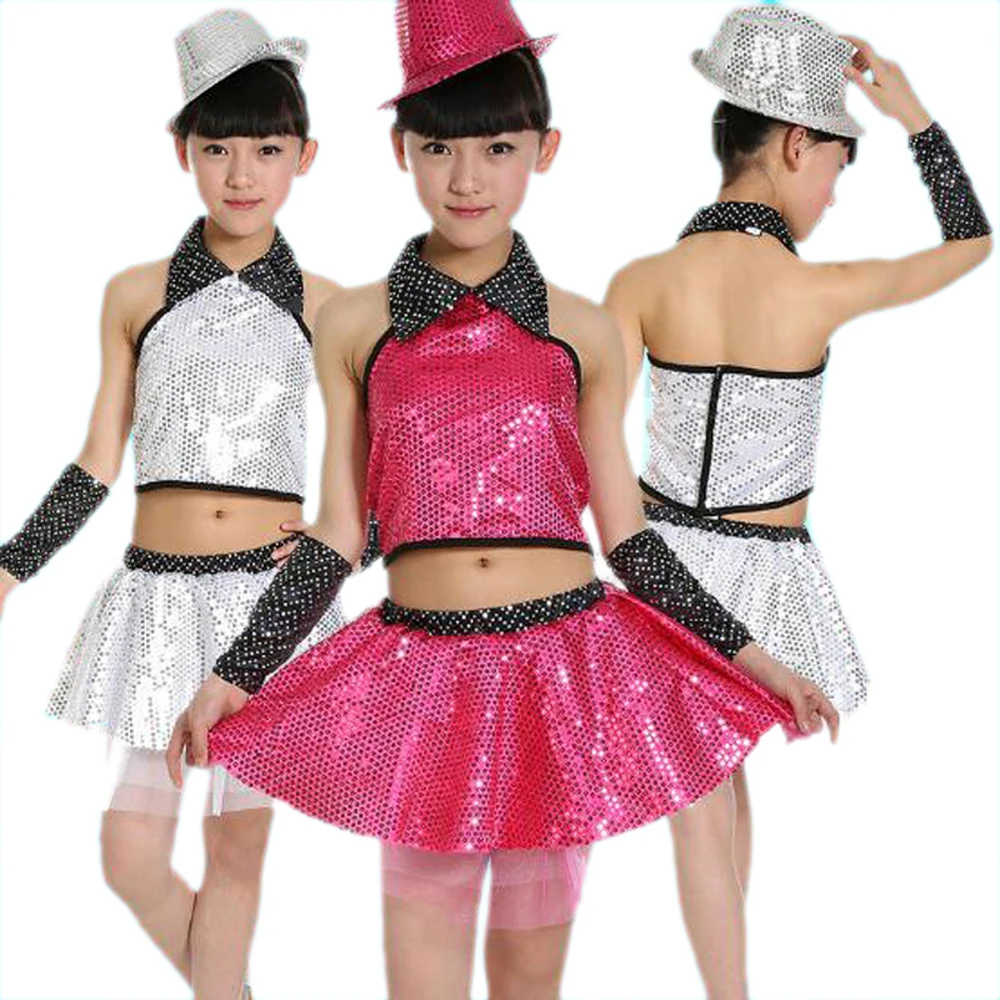 

Fashion Girls Jazz Dancing Clothes Modern Dance Suit Sequined Tops & Veil Skirt Children Stage Show Dancing Performance Costumes